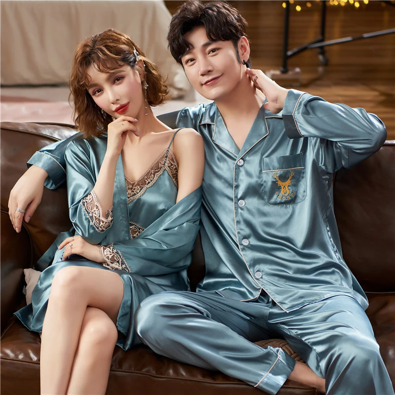 New Sexy Ice Silk Pajamas For Couples Long Sleeve Faux Silk Women's Dressing Gown Casual Loose Male Home Clothes 2 Piece Sets red plaid pajama pants