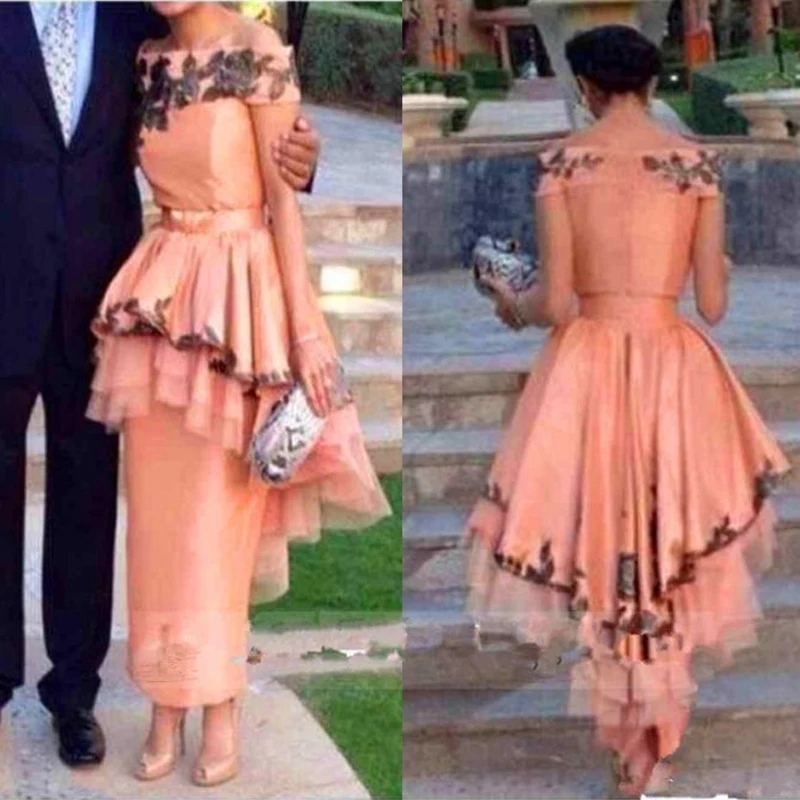 

Women Formal Off the Shoulder Appliques Lace Dubai Evening Zipper Back Ankle Length Peach Prom Gown mother of the bride dresses