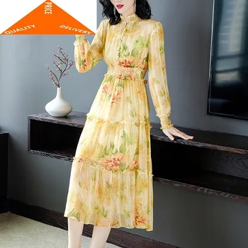 

Spring Vintage Summer Real Silk Women Clothes 2020 Korean Beach Boho Long Vestidos Elegant Floral Party Dress 47497