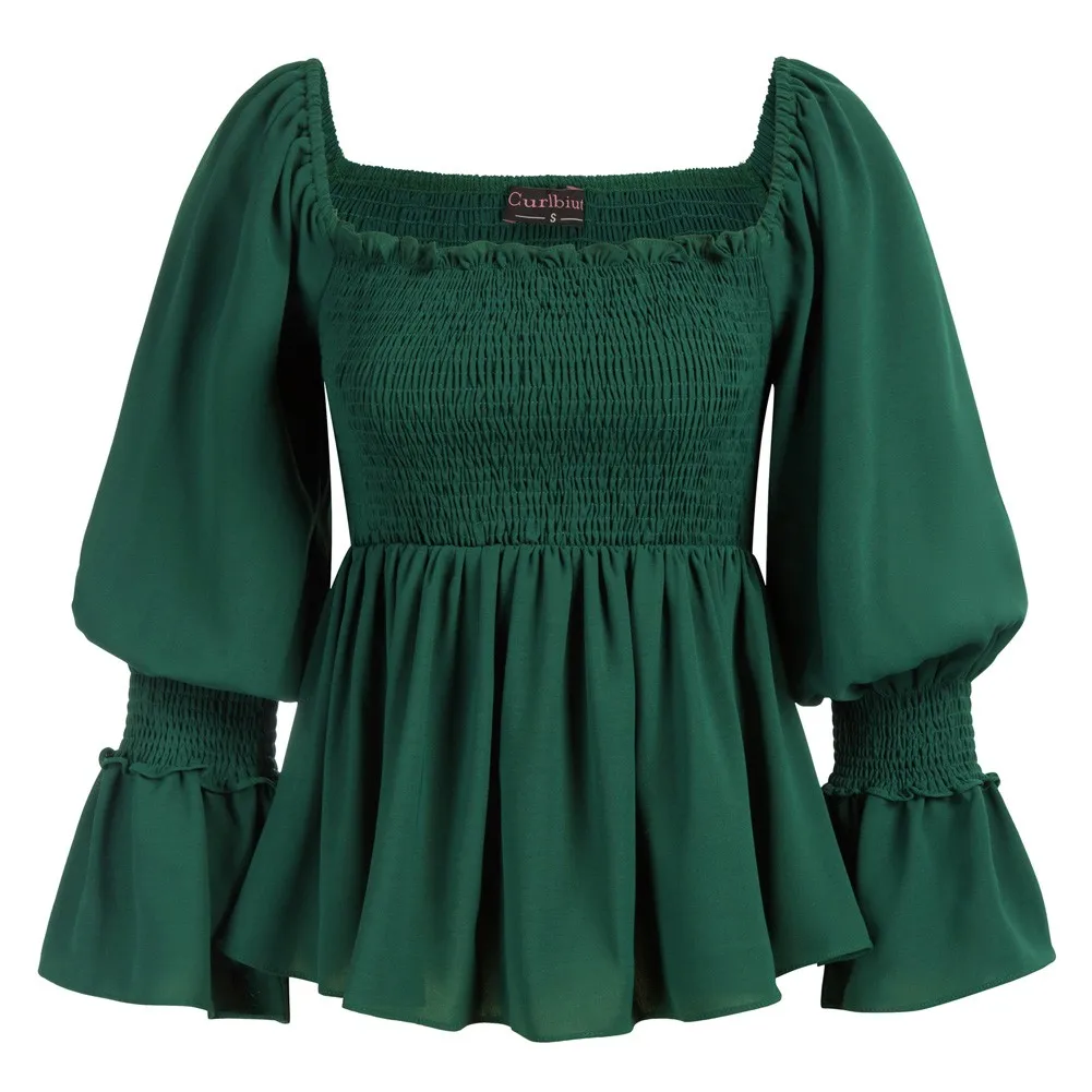 Женские топы с баской Curlbiuty длинным рукавом и квадратным вырезом дымчатые