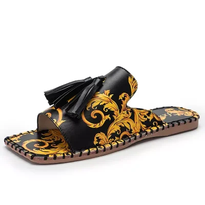 Sandalias con borlas y estampado Retro para mujer, zapatos de marca a la moda, para playa, pantuflas planas de mujer, para exteriores, 2021