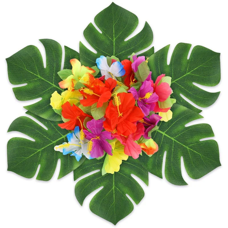 107 Pcs Tropical Party Decoration Set with Hawaiian Table Skirt Palm Leaves Hawaiian Flowers Tissue Pineapple Umbrellas and 3D F