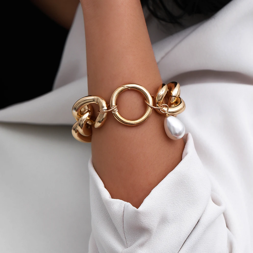 Goth Big Imitation Pearl Pendant Bracelet Bangle Women Men Armband Hip Hop Heavy Metal Chunky Lock Chain Bracelets Hand Jewelry |