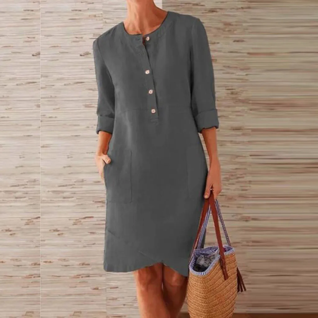 

Plus Size Women Autumn Cotton and Linen Solid Button Long Sleeve O-Neck Casual Solid Long Sleeve Dress Crew Neck Linen Dress