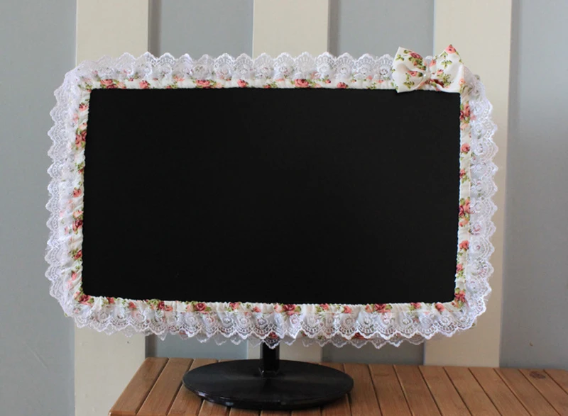 Description Picture 6 of itemLace Fabric Computer Frame Cover Monitor Screen Dust Cover With Elastic Pen Pocket Bow Home Decorations