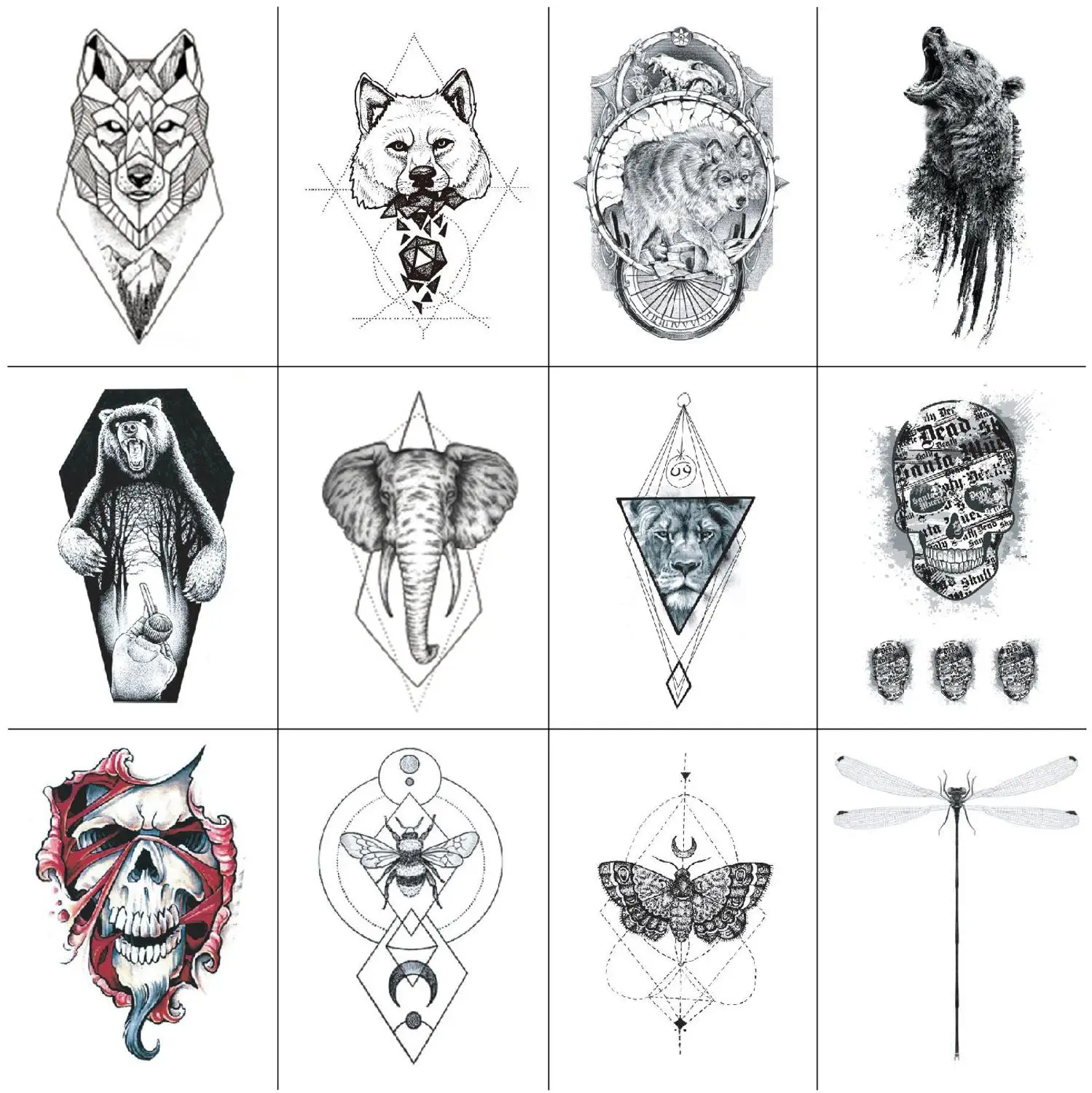

Wolf Tattoo Sticker Bear Dragonfly Moth Fake Tatoo Waterproof Temporary Adult Men Women Arm Shoulder Makeup 13.5X7.5cm Set of 12