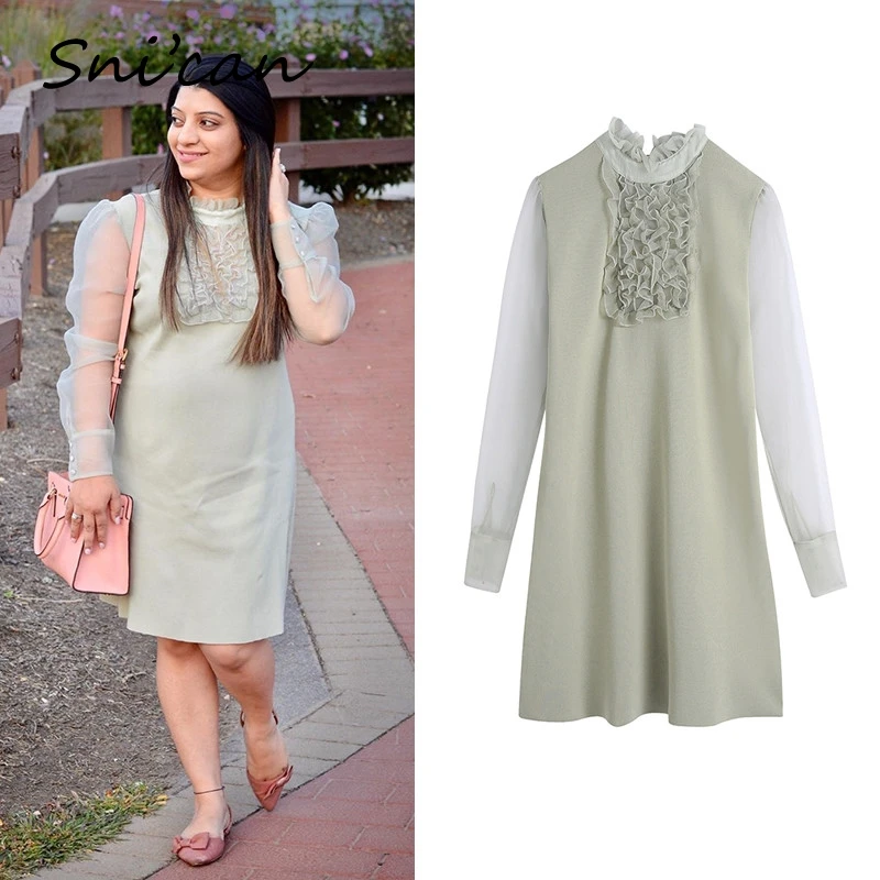 

transparent oganza sleeve lace ruffle patchwork sexy dress autumn spring vintage mini femme robe za 2020 women vestidos cortos