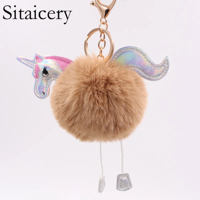 

Sitaicery 32 Colors Pompom Unicorn Keychain Rabbit Fur Ball Horse Key Chain Porte Clef Bag Car Keyring Llavero Mujer Chaveiros