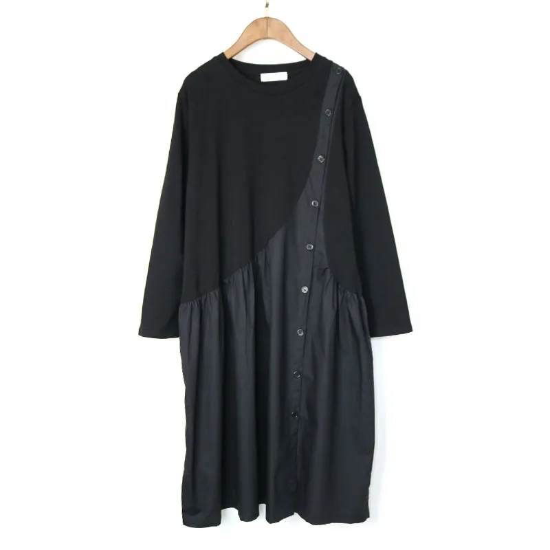 2019 новое осенне-зимнее черное свободное плиссированное платье с круглым вырезом