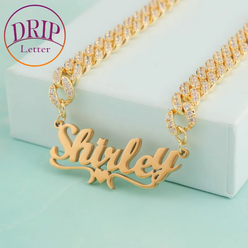 Drip Letter Glossy Letters Pendant for Women Custom Name 10mm Cuban Necklaces Charm Gold Color Zircon Hip Hop Jewelry Luxury