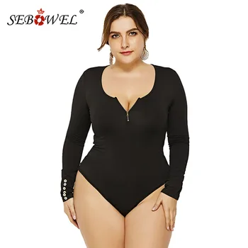 

SEBOWEL Autumn 2020 Plus Size Woman Long Sleeve Zip Basic Bodysuits Tops Spring Female Ladies Body Top Clothes Large Size XL-6XL