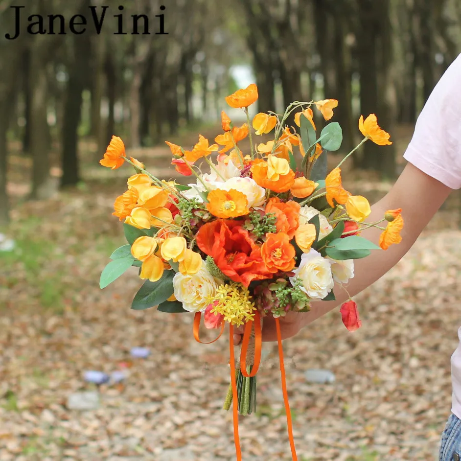 JaneVini Ramo Artificial Orange Yellow Bride Bouquet Autumn Silk Leaves Wedding Flowers Bridal Bouquets Rose Accessories