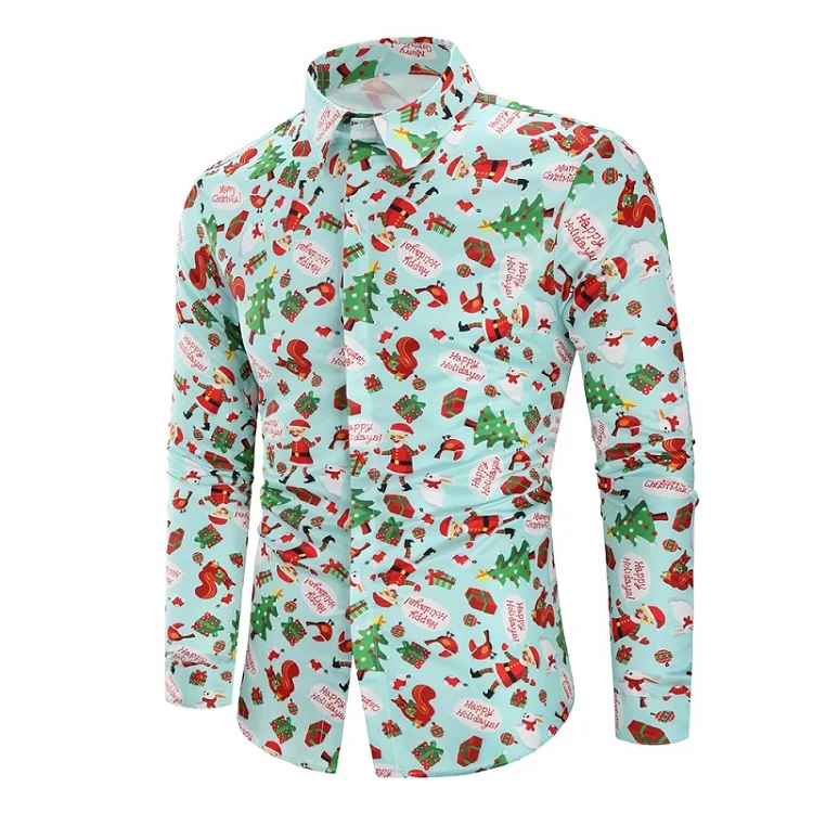 Blue Funnyshirt с принтом, с длинным рукавом, на пуговицах, Мужская одежда, повседневная, снежинки, Рождественская, Печать оленей, рубашка, новогодние, вечерние, блузки - Цвет: Blue