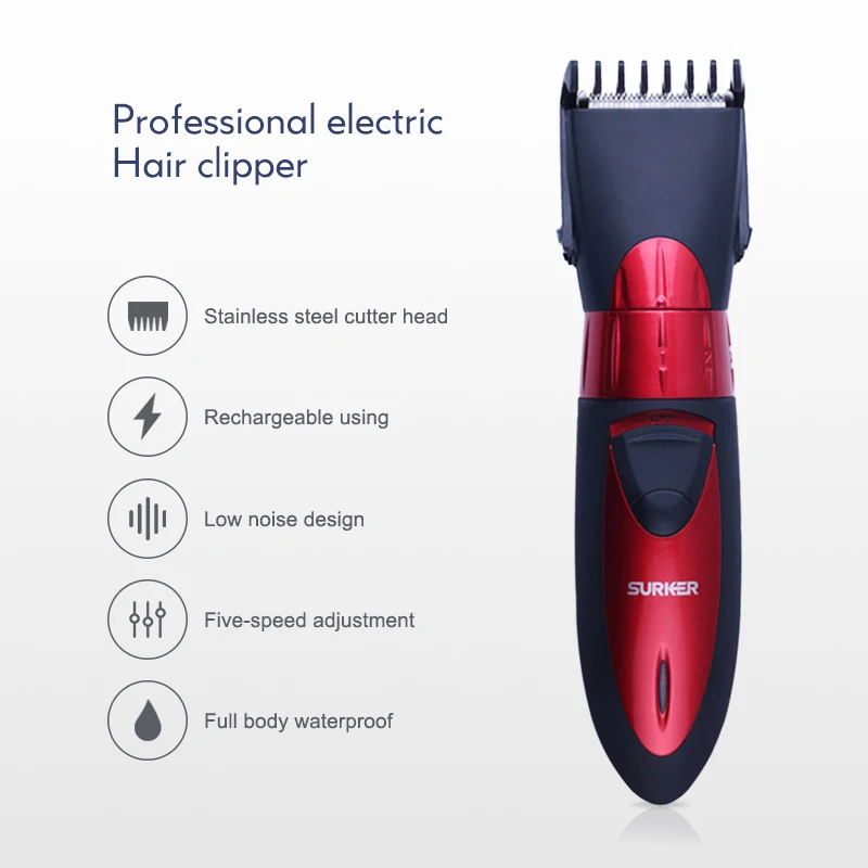  Adjustable Hair Clipper Professional Men Beard Trimmer Waterproof Red Electric Clipper Stainless St