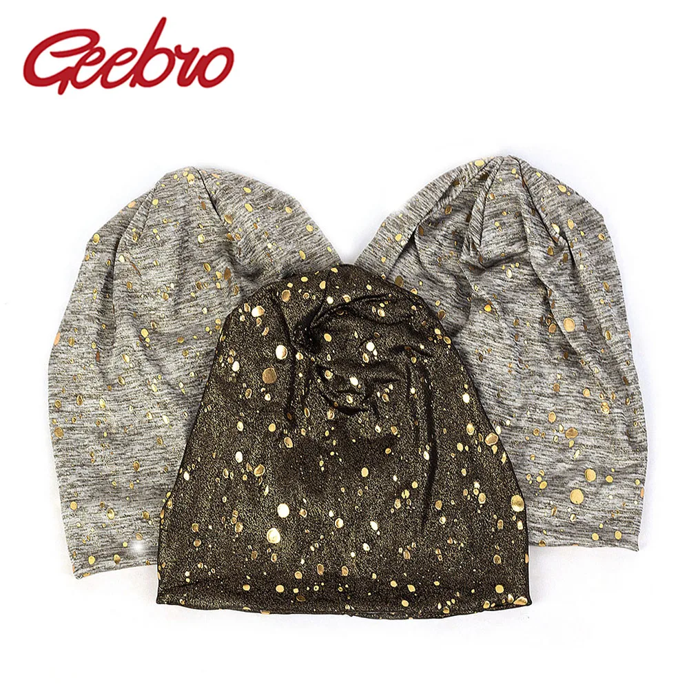 

Geebro Fashion Autumn Winter Women Turban Beanie Shiny Splatter Print Female Hat Glitter Skull Cap for Ladies Girls DQ954A