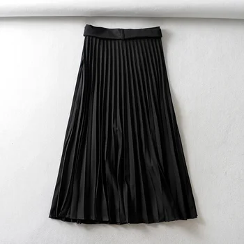 

2020 Spring Women's New Retro High Waist Straight Skirt with Stitching Belt Midi Pleated Long Skirt 04786045500