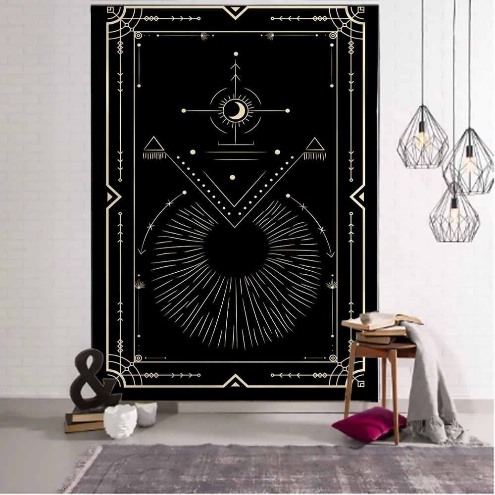 Tapestry Decor Golden Black Sun Moon Tarot Mandala Tapestry Wall Hanging Witchcraft Hippie Wall Carpets Dorm Decor Psychedelic Tapestry