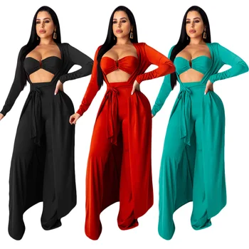 

3 piece set women long coat pants top three piece set for female winter women's suits