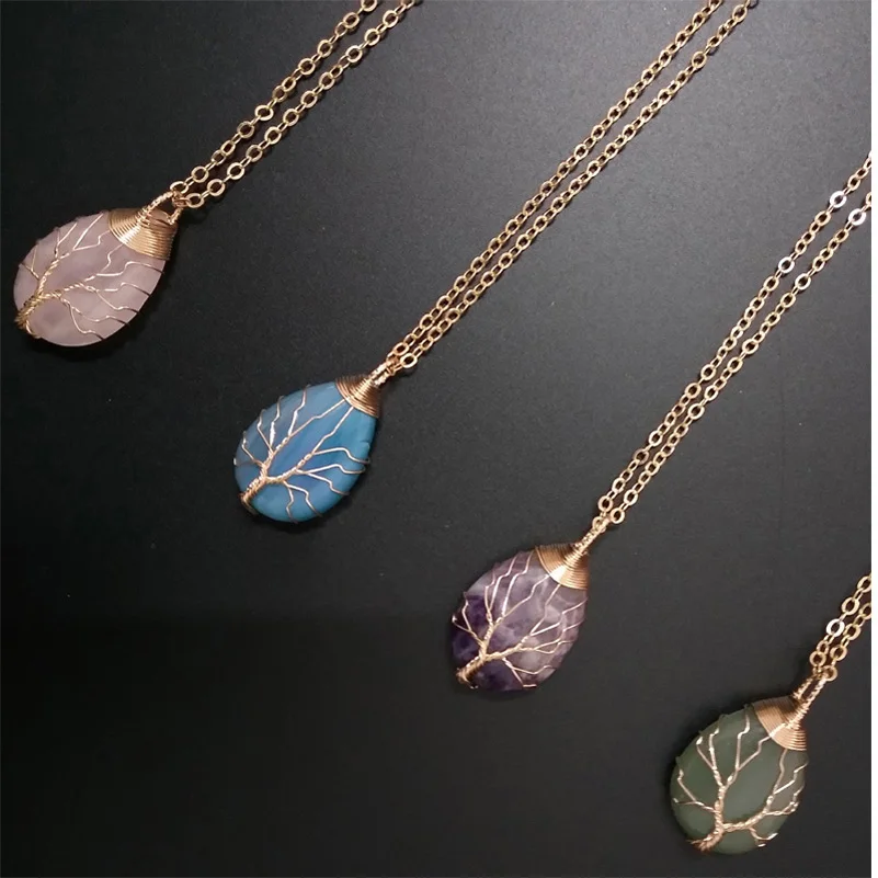 

Teardrop Natural Gemstones Healing Crystal Chic Necklace Wire Wrapped Copper Tree of Life Waterdrop Chakra Pendant for Mothers