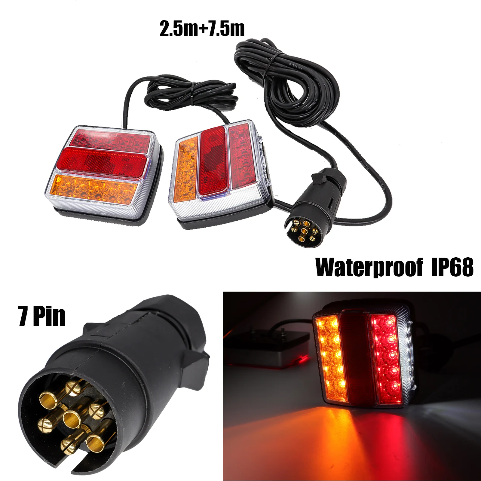 

1 Set Trailer Towing Light Kit 10m Line 7Pin Plug 2pcs 12V 16 led Tail Light Rear Stop Indicator Reflector Number Plate Lamp