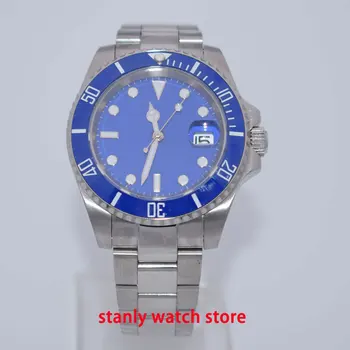 

Parnis 40mm blue sterile dial luminous marks sapphire glass ceramic bezel automatic movement men's watch deployment buckle