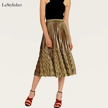 LaStylisher, весенне-летние женские сексуальные юбки, Женская эластичная однотонная плиссированная юбка с высокой талией, стрейчевая юбка миди золотого и серебряного цветов