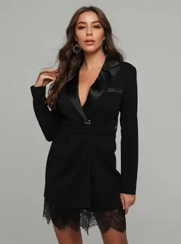

High Qualuty Winter Style Sexy V Neck Black Lace Long Sleeve High Street Blazer Dress 2020 Elegant Evening Party Dress Vestido
