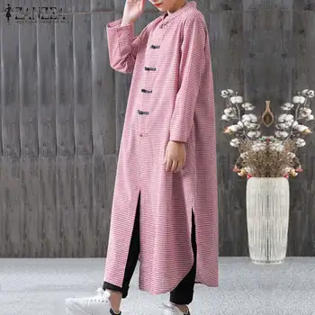 

2020 ZANZEA Women's Checked Sundress Stylish Split Shirt Dress Casual Long Sleeve Robe Female BUtton Maxi Vestidos Plus Size 7