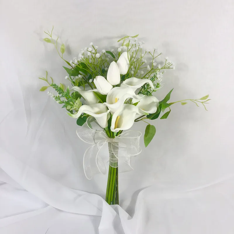New Cheap Bridesmaid Bouquet Calla Lilies White Tulip Wedding Flowers Bunch Real Touch Bouquet De Mariage