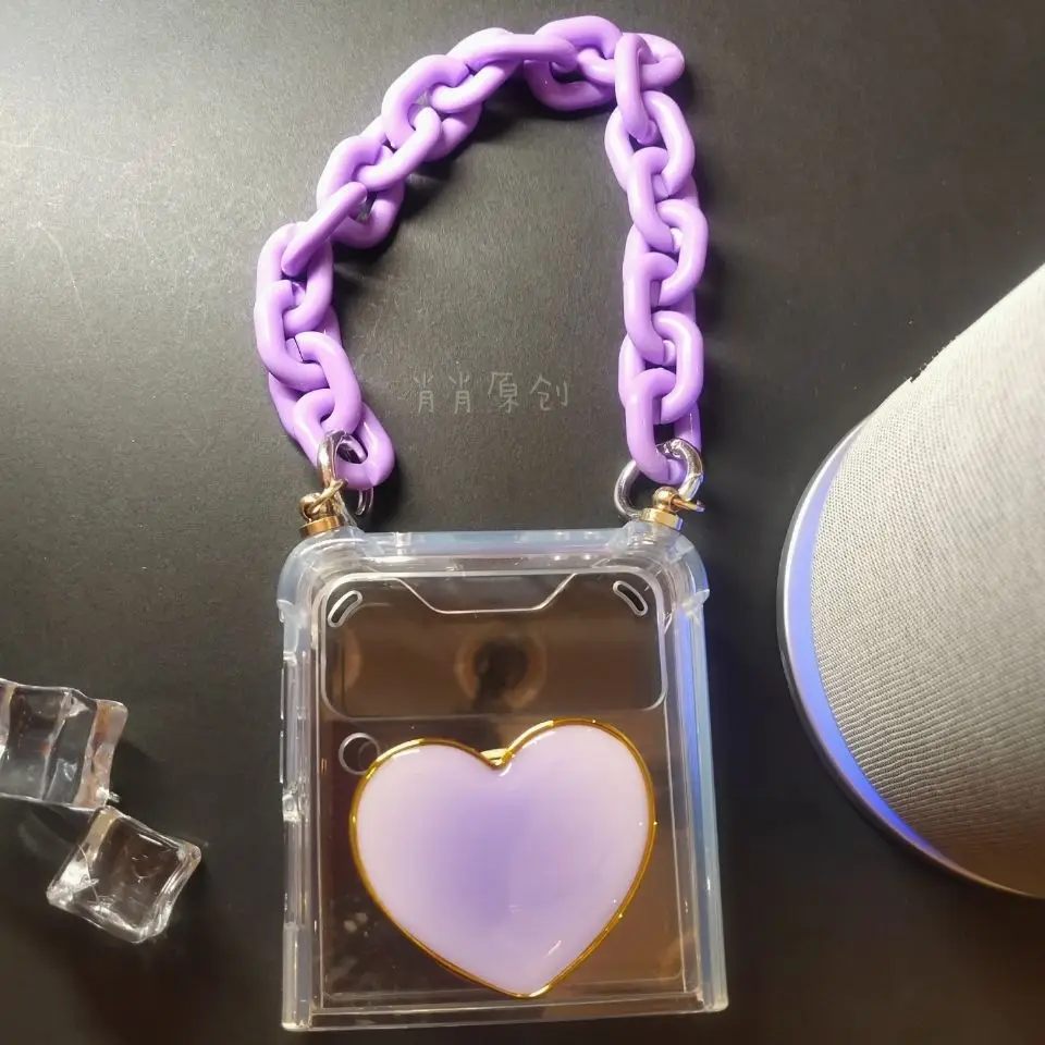

2in1 Cute Bracelet Crystal Hand Chain Transparent Case For Samsung Galaxy Z Flip 3 Flip3 Glossy Heart Holder Airbag Armor Cover