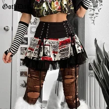 Goth Dark Vintage Printed Gothic Bandage Mini Skirts Grunge Punk Lace Patchwork Sexy A-line Skirt High Waist Fashion Streetwear