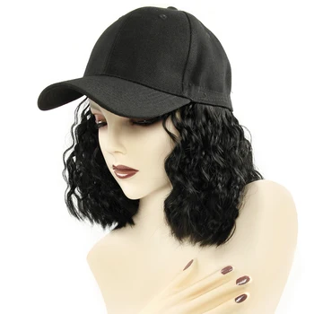 

Baseball Cap Short Wigs curly Black Hair Wig for Women Heat Resistant Fiber Synthetic Bob Wigs