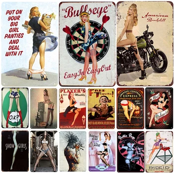 

Girls Plaque Metal Vintage Tin Sign Pin Up Shabby Chic Decor Metal Signs Vintage Bar Decoration Metal Poster Pub Metal Plate