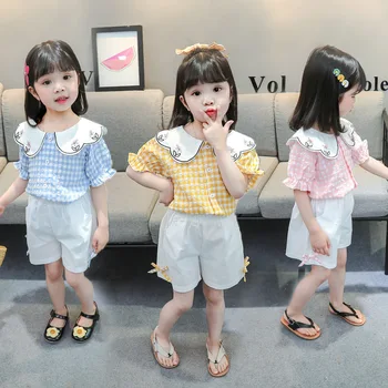

2020 summer new fashion candy color girl plaid lapel two-piece set of children's clothing baby casual children's wear