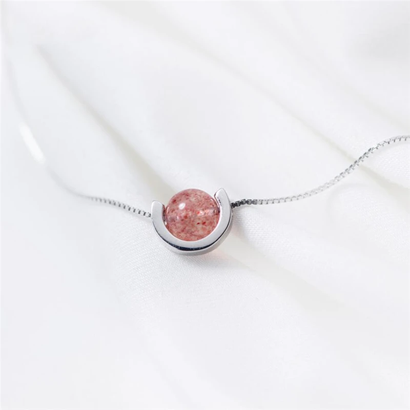 Heart Natural Strawberry Crystal Pink Wafer Bead Transit Silver Color Necklace For Women Fashion Jewelry Party Birthday Gift