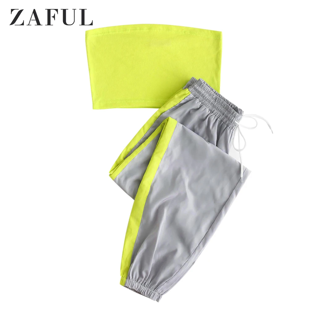 ZAFUL, женский спортивный комплект из 2 предметов,, без бретелек, бандо, короткий топ, длинный, контрастный, с завязками, брюки, набор, летний, женский, хлопок, комплект одежды