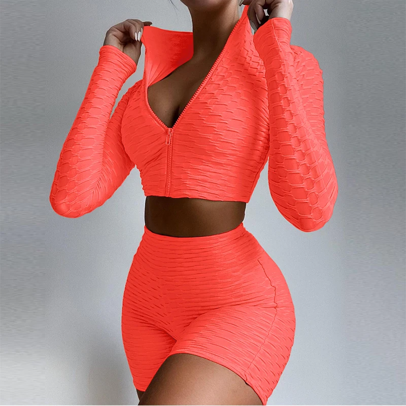 2 Pieces Jogging Yoga Suit Set Femme Solid Color Stand Collar Long Sleeve Crop Tops with Zipper+ Short Pants ladies coat pant suit