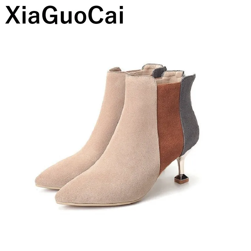 

2019 Spring Autumn Women Ankle Boots Thin High Heels Woman Shoes Pumps Pointed Toe Slip Sexy Female Martin Boots Flock Zipper