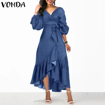 

Demin Long Maxi Dress VONDA 2020 Summer Women Sexy 3/4 Lantern Sleeve Dress Office Lady Demin Sundress Plus Size Casual Vestido
