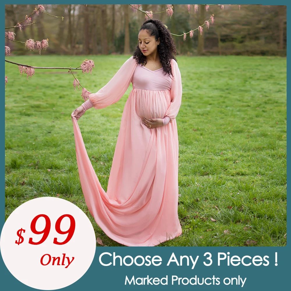 

3pcs/lot Soft Chiffon Long Sleeves Maternity Dress Pregnancy Gown Baby Shower Dress for Maternity Photography Accessories
