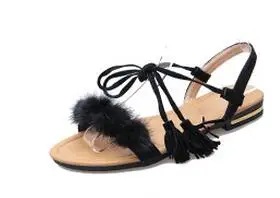 COOTELILI/сандалии-гладиаторы с ремешками на лодыжках на натуральном меху; женская обувь на плоской подошве; коллекция года; Летняя обувь с кисточками; женские свадебные пляжные сандалии в богемном стиле; 42 - Цвет: real fur black