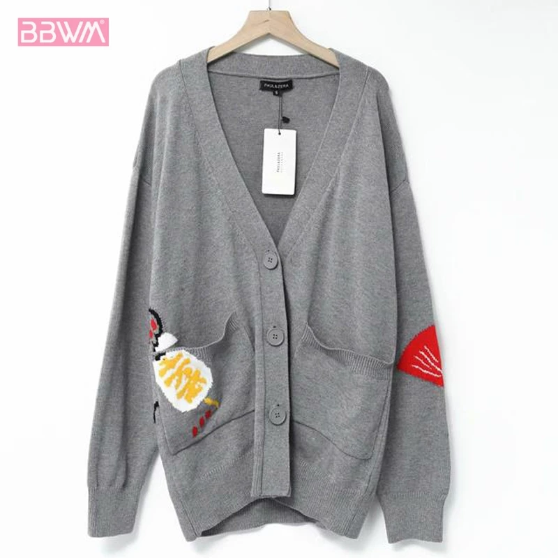 

Cat V-neck Jacquard Long-sleeved Single-breasted Female Cardigan 2019 Autumn New Loose Knitted Women's Sweater Grey Minimalist