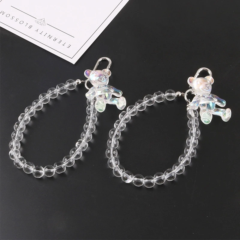 Cute Transparent Bear Keychain Beaded Bracelet Lovely Sitting Animal Bear Car Key Chain Holder Bag Pendant Keyring Wholesale