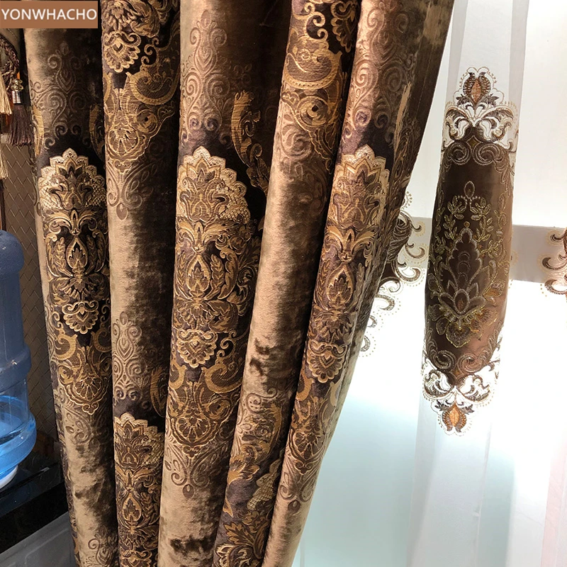 Custom curtain European high-end brown Bronzing velvet court luxury villa cloth blackout curtain tulle valance drapes B615