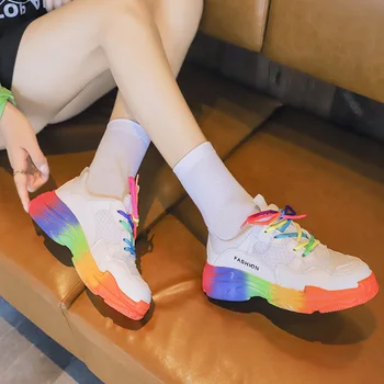

Platform Loafers Casual Shoes Colorful Chunky Sneakers Women Shoes Woman Lace Up Vulcanized Shoes Female Air Mesh Ladies Flats