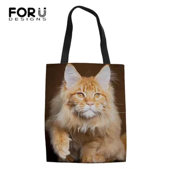 

FORUDESIGNS Canvas Shopping Bag 3D Cute Cat Shoulder Carrying Bag Eco Reusable Cloth Bag Personalized Tote Bags Bolsa Femininas