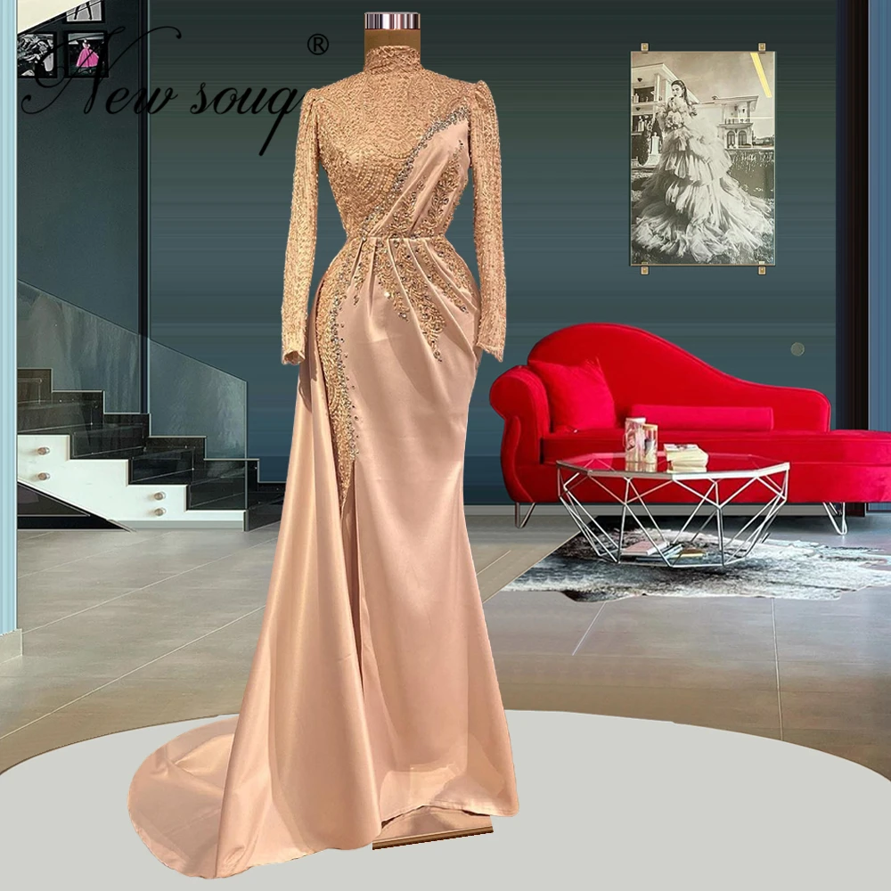 

Turkish Pink Formal Women Party Gowns Middle East Beading Mermaid Prom Dress Dubai Plus Size Evening Wear Robe De Soiree 2021