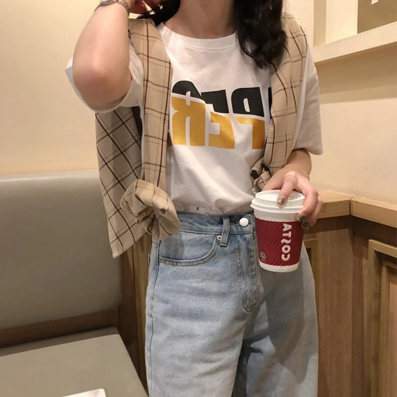 Женские футболки с буквенным принтом Harajuku Повседневная дышащая простая футболка