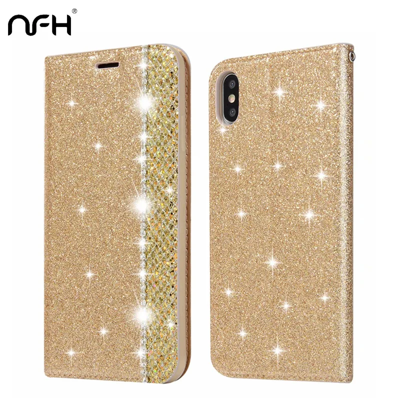 

NFH Fashion Bling Glitter Flip Stand Case For Apple iPhone Xs Max 6.5" Phone Bag Protection Housing On XS MAX Silicon Back Cover