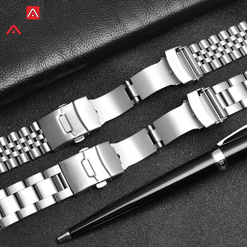 Men's Stainless Steel Curved End Watch Band with Folding Buckle, 20/22mm